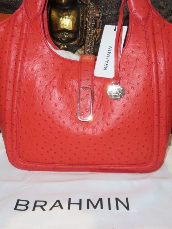 Brahmin Handbags - Brahmin Carla Flame Jamison Orange Ostrich Embossed Leather Crossbody Tote NWT
